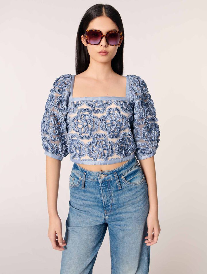 Top in organza con motivo floreale
